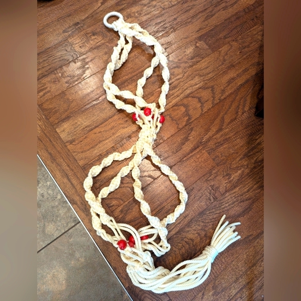 Vintage 1970's macrame double plant hanger cream with red beads